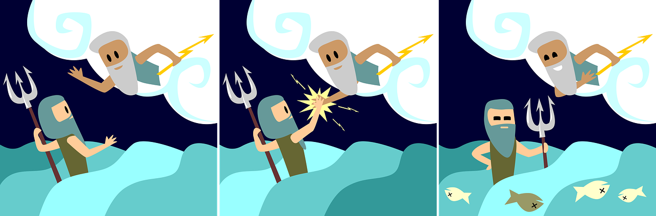 A three panel comic. A man holding a thunderbolt sits in a cloud. Another man holds a trident and is sitting in the sea. The man in the cloud shakes hands with the man in the sea and electrocutes him. He doesn't look happy and the fish are dead.